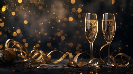 Champagne glasses with gold ribbons set against a dark background copy space. Perfect for a New Year celebration or birthday party, festive and elegant sense of luxury for special occasion and event