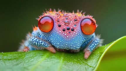 A close-up of a colorful spider with large red eyes, perched on a green leaf.