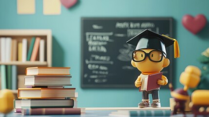 Aufkleber - A cheerful little character wearing glasses and a graduation cap holds a book in a colorful classroom filled with books and decorations. Generative AI