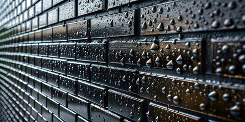 Wall Mural - close-up of wet black brick wall with reflective water droplets