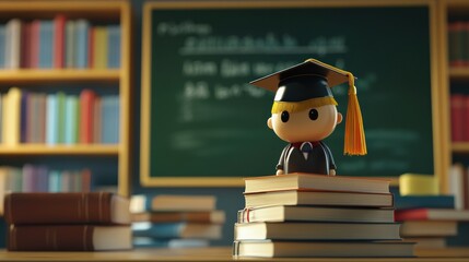 Poster - A small figurine of a graduate stands on a stack of books in a classroom filled with educational materials and a chalkboard. Generative AI