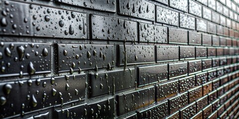 Wall Mural - glistening water droplets on black brick wall at night