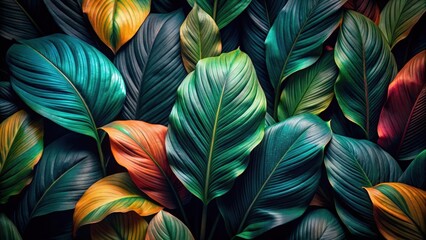 Wall Mural - Dark tropical background with colorful abstract texture of Spathiphyllum cannifolium leaves, Spathiphyllum cannifolium