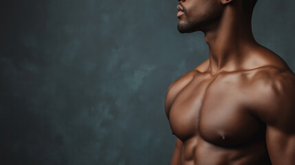 Wall Mural - a man with a muscular chest and arms is standing in front of a wall