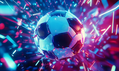 Dynamic Neon Football Action with Futuristic Geometric Patterns and Vibrant Light Trails for High-Energy Sports Advertising Backgrounds