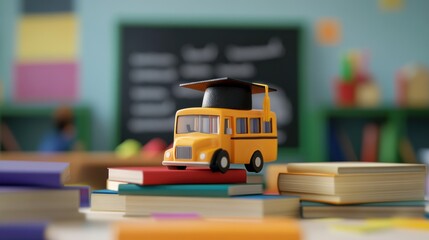 Aufkleber - A cheerful toy bus rests atop a pile of books in a lively classroom setting, surrounded by colorful educational supplies. Generative AI