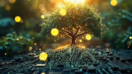 Poster - Tree growing from circuit board, digital nature concept