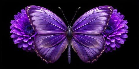 Symmetrical purple violet butterfly and flower on black background