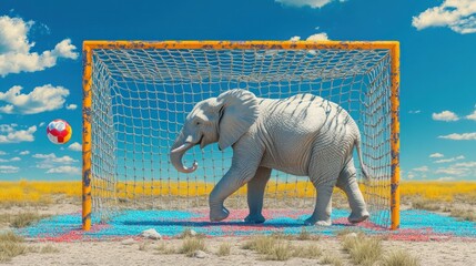 An elephant walks through a soccer goal in a field with a ball in the air.