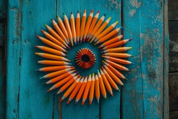 Wall Mural - Colorful pencils arranged in a spiral pattern on a bright wooden background. This artistic composition showcases creativity and vibrant simplicity. Generative AI