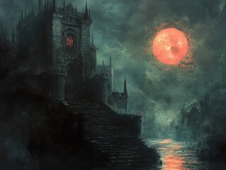 Poster - Gothic Castle Under a Blood Red Moon