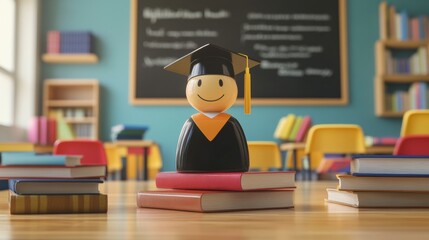 Aufkleber - A graduation figure with a cap and gown smiles while resting on a stack of books in a bright classroom setting. Generative AI