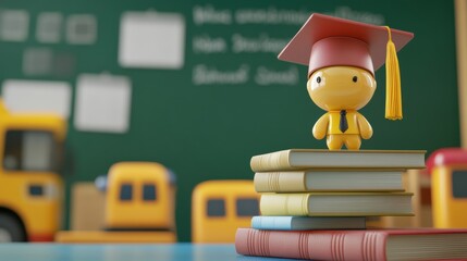 Aufkleber - A cheerful yellow toy figure wearing a graduation cap stands atop a stack of colorful books in a vibrant classroom environment. Generative AI