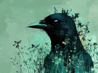 Canvas Print - Crow Portrait in Green Foliage: A Mystical Bird Artwork