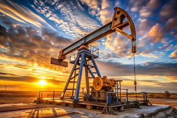 A large oil rig is in the desert with a beautiful sunset in the background