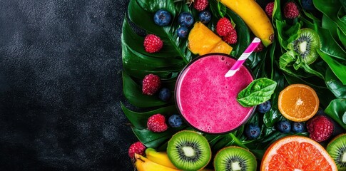 Vibrant detox juice with fresh fruits and leaves, showcasing a refreshing and healthy lifestyle in a colorful composition.