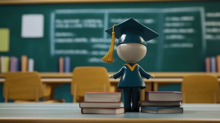 Aufkleber - A cheerful graduation figure in cap and gown stands on a desk surrounded by colorful books in a school classroom setting. Generative AI