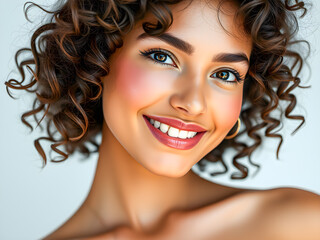 Portrait of beautiful young Latin model woman smiling on white background. Curly short hair, slim face, sensual eyes, attractive skincare design. Gorgeous sexy Hispanic portrait. Ai generated