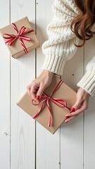 Pack a gift for Christmas and new year in kraft paper, tied with a rope with a bow with Christmas decor on a white board table, natural decor. Festive mood. Flatlay, background, copy space