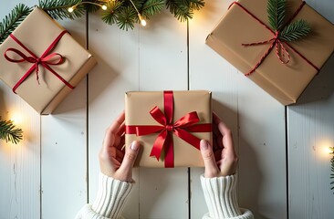 Pack a gift for Christmas and new year in kraft paper, tied with a rope with a bow with Christmas decor on a white board table, natural decor. Festive mood. Flatlay, background, copy space