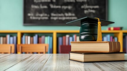 Fototapete - A graduation cap is placed atop two closed books, with a classroom background featuring shelves of books and a chalkboard. Generative AI