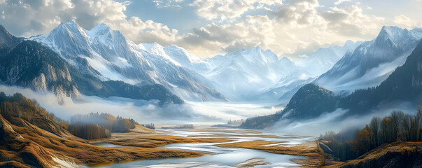Wall Mural - Featuring mountains and a wide river, this fantasy valley is like something out of a fairytale