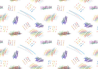 Wall Mural - seamless pattern of colorful naive playful shapes drawing by wax crayon pencil. chalk scribbles in p