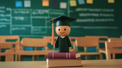 Aufkleber - A cute graduation figurine, wearing a cap and gown, is perched atop books in a classroom, symbolizing educational success and celebration. Generative AI