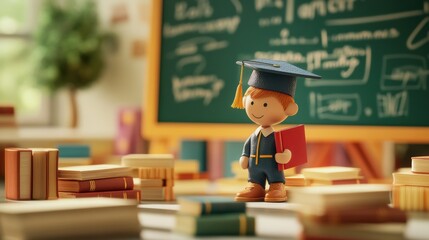 Aufkleber - A cheerful child in a graduation cap holds a book and stands surrounded by stacks of books in a vibrant classroom setting. Generative AI