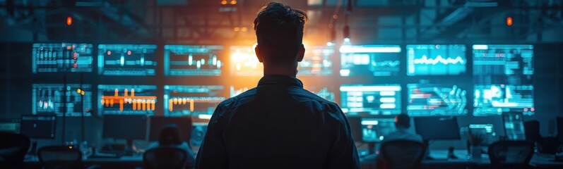 Man standing in front of a wall of monitors, banner, copy space