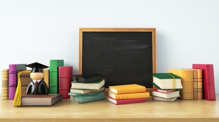 Leinwandbilder - A wooden shelf displays various colorful books alongside a graduation figure and an empty chalkboard ready for use. Generative AI