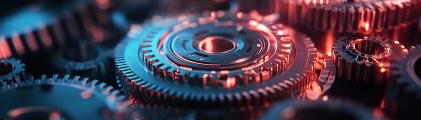 Intricate Close-Up of Interlocking Metal Gears with Warm and Cool Lighting in a Mechanical Setting