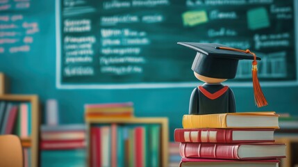 Poster - A small graduation doll adorned with a cap is positioned atop piles of books amidst a colorful classroom setting filled with notes. Generative AI