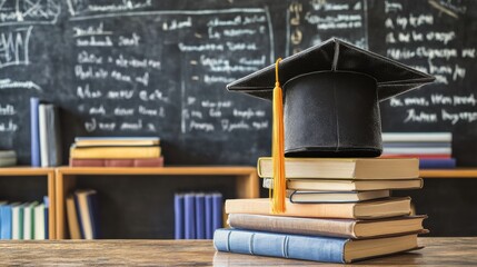 Leinwandbilder - A graduation cap is positioned on a pile of books, emphasizing academic achievement in a classroom setting filled with notes. Generative AI