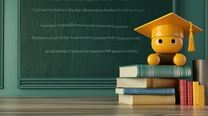 Aufkleber - A bright yellow graduation figurine sits on a stack of books, proudly displaying its cap in a classroom filled with learning materials. Generative AI