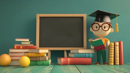 Fototapete - A young student joyfully reads while standing next to a stack of colorful books and a blackboard in a bright classroom. Generative AI