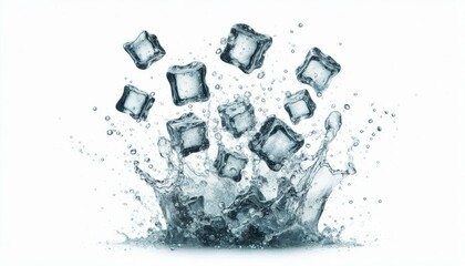 water splash isolated on white transparent background, A splash of ice cubes is being splashed with water