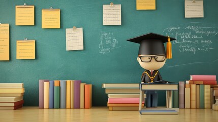 Aufkleber - A young graduate, wearing a graduation cap and gown, sits at a desk surrounded by colorful books in a cheerful classroom. Generative AI