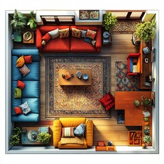 Wall Mural - 3d topdown view of lively family room with eclectic colorful furniture and a wellarranged floor plan