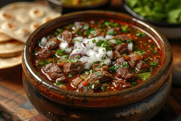 Wall Mural - A dish of birria, a savory Mexican stew made with goat or beef, served with a side of tortillas and garnished with cilantro and onions