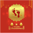 © Dankol - Happy Dhanteras. Goddess Maa Lakshmi Footprints. Social Media Post Design Vector. Indian festival Greeting Card. Gold Pot, Kalash