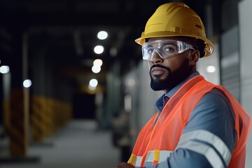 Poster - A construction worker in safety gear, including a helmet and goggles, stands confidently in an industrial setting, ready for work.