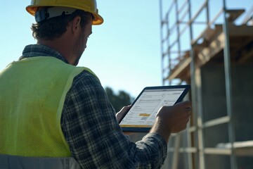 Poster - A construction worker in a hard hat uses a tablet on-site, collaborating or checking plans against a backdrop of scaffolding and a clear sky.