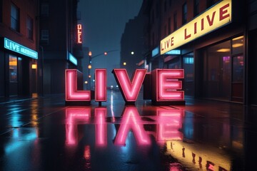 Slogan Live neon light sign text effect on a rainy night street, horizontal composition