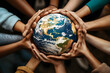 © Prasanth - Multiple hands of diverse individuals holding a globe together symbolizing global unity, cooperation, and diversity.