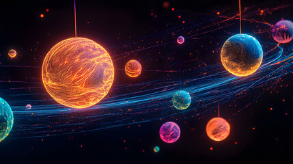 Wall Mural - neon black light sgraffito solar system 3d illustration
