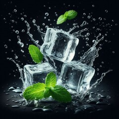 ice cubes and mint. A splash of ice cubes is being splashed with water, Vibrant MINT splashing with water and ice on elegant black background