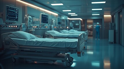 High-quality photo of hospital beds in an emergency room, with medical equipment and lights, creating a sense of urgency