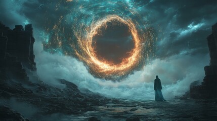 Wall Mural - mysterious figure gazing into a cosmic portal