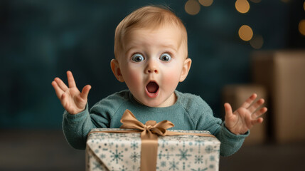 Surprised baby excitedly receiving a gift, festive atmosphere with soft bokeh lights.